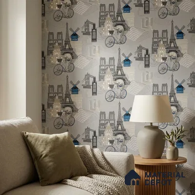 5129-2 | Charcoal Grey Paris Landmarks PVC Patterned Wallpaper - 5 Meter x 42 Inch, 57 Sq. Ft. (Min. 15% Wastage)
