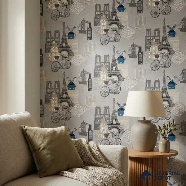 5129-2 | Charcoal Grey Paris Landmarks PVC Patterned Wallpaper - 5 Meter x 42 Inch, 57 Sq. Ft. (Min. 15% Wastage)