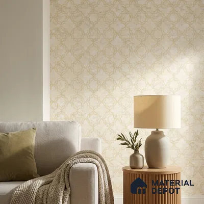 88386-2 | Gold & Cream Quatrefoil Trellis PVC Patterned Wallpaper - 5 Meter x 42 Inch, 57 Sq. Ft. (Min. 15% Wastage)