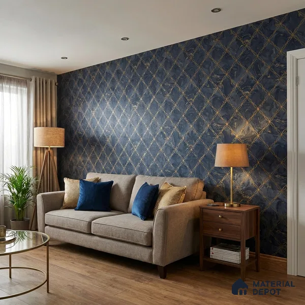 88499-3 | Navy & Gold Circle Lattice PVC Patterned Wallpaper - 5 Meter x 42 Inch, 57 Sq. Ft. (Min. 15% Wastage)