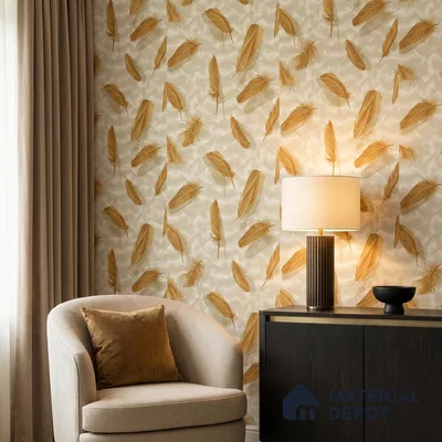 88486-2 | Gold & Beige Falling Feathers PVC Patterned Wallpaper - 5 Meter x 42 Inch, 57 Sq. Ft. (Min. 15% Wastage)