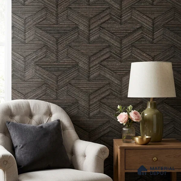 81295-5 | Dark Wenge Brown Herringbone Weave Wood PVC Patterned Wallpaper - 5 Meter x 42 Inch, 57 Sq. Ft. (Min. 15% Wastage)