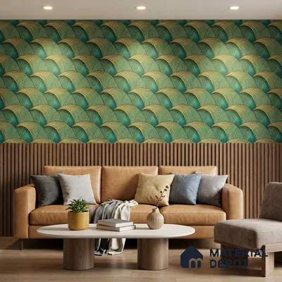 TC 701 | Green & Gold Scallop Fan Patterned Wallpaper - 5 Meter x 42 Inch, 57 Sq. Ft.