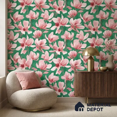 TC 708 | Green Magnolia Bloom Floral Wallpaper - 5 Meter x 42 Inch, 57 Sq. Ft.