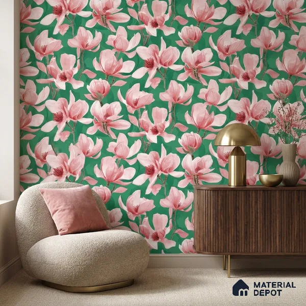 TC 708 | Green Magnolia Bloom Floral Wallpaper - 5 Meter x 42 Inch, 57 Sq. Ft.