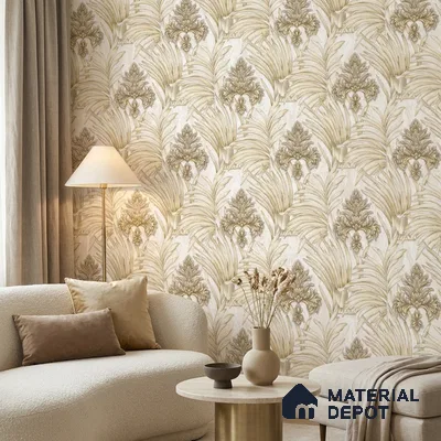 TC 729 | Cream Gold Palm Damask Floral Wallpaper - 5 Meter x 42 Inch, 57 Sq. Ft.