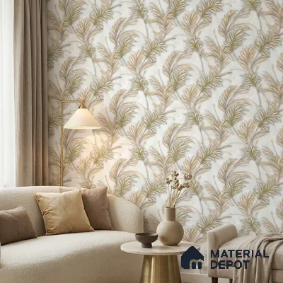 TC 730 | Gold Beige Feather Palm Floral Wallpaper - 5 Meter x 42 Inch, 57 Sq. Ft.