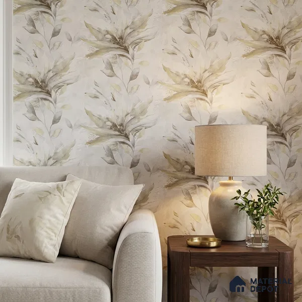 TC 794 | Cream Olive Lily Leaves Floral Wallpaper - 5 Meter x 42 Inch, 57 Sq. Ft.