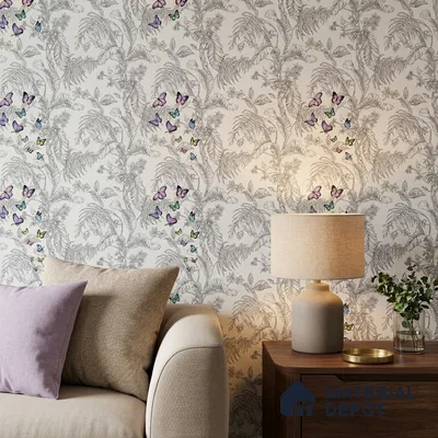 TC 798 | Grey Pastel Butterfly Fern Floral Wallpaper - 5 Meter x 42 Inch, 57 Sq. Ft.