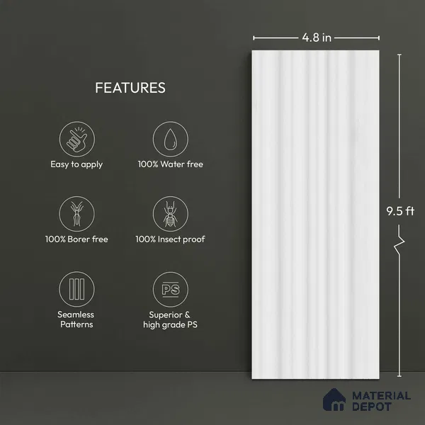 White Plain Colour Look PN 00519 9.5 ft x 4.8 inch Charcoal Panel - 12 mm | Suitable for Feature Wall, TV Unit & Living Room | Width is Subjected to 5% Variation
