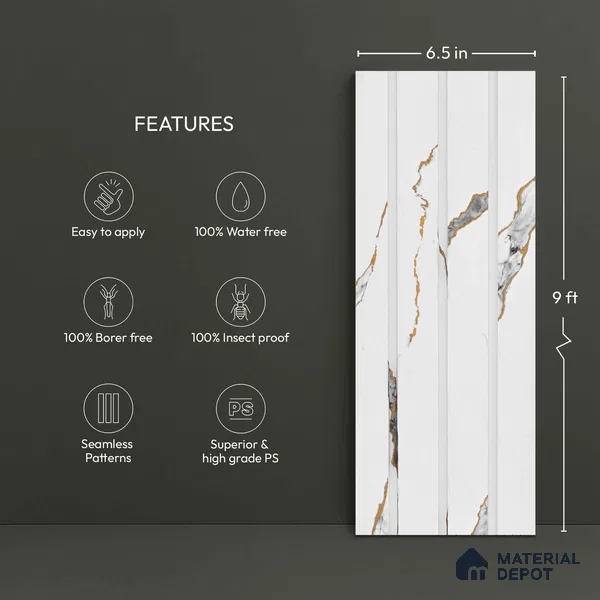 White Marble Look PN 02776 9 ft x 6.5 inch Charcoal Panel - 12 mm | Suitable for Feature Wall, TV Unit & Living Room | Width is Subjected to 5% Variation