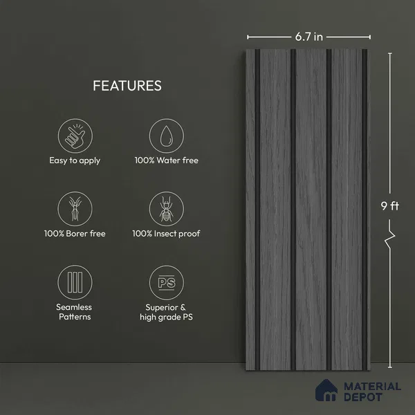 Wooden Look PN 02805 9 ft x 6.7 inch Charcoal Panel - 14 mm | Suitable for Feature Wall, TV Unit & Living Room | Width is Subjected to 5% Variation