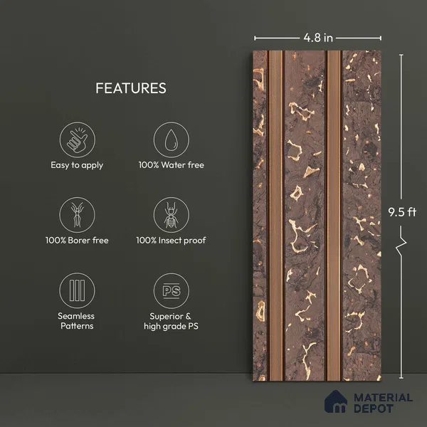 Brown Marble Look PN 03557 9.5 ft x 4.8 inch Charcoal Panel - 11 mm | Suitable for Feature Wall, TV Unit & Living Room | Width is Subjected to 5% Variation