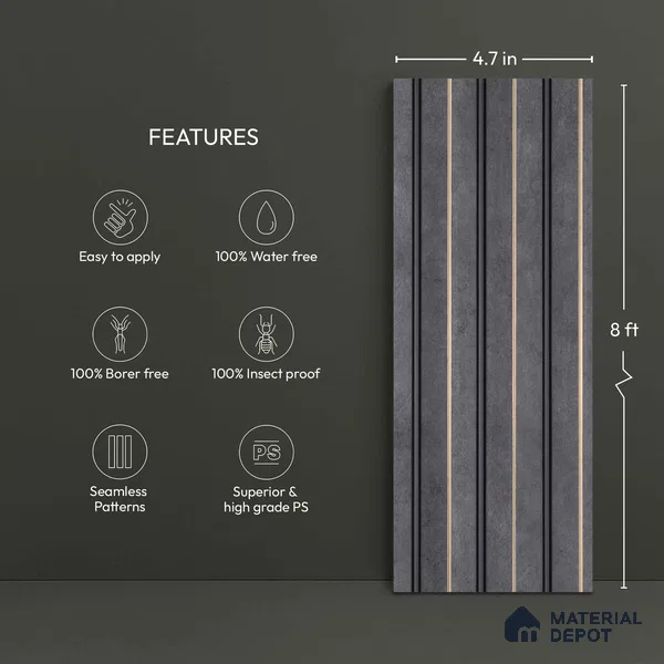 Grey Marble Look PN 04613 9.5 ft x 4.7 inch Charcoal Panel - 12 mm | Suitable for Feature Wall, TV Unit & Living Room | Width is Subjected to 5% Variation