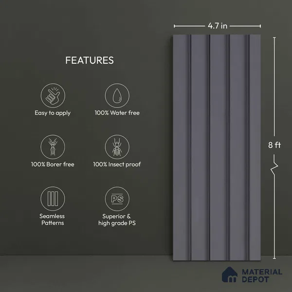 Grey Plain Colour Look PN 04627 9.5 ft x 4.7 inch Charcoal Panel - 12 mm | Suitable for Feature Wall, TV Unit & Living Room | Width is Subjected to 5% Variation