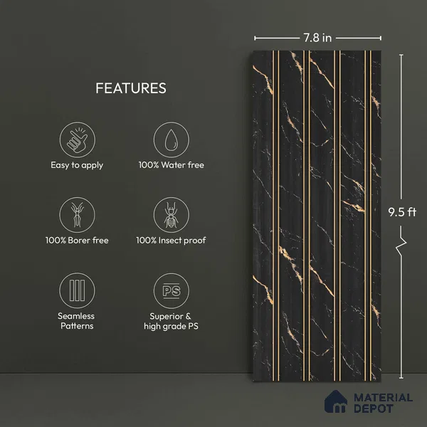 Black Marble Look PN 05751 9.5 ft x 7.8 inch Charcoal Panel - 12 mm | Suitable for Feature Wall, TV Unit & Living Room | Width is Subjected to 5% Variation