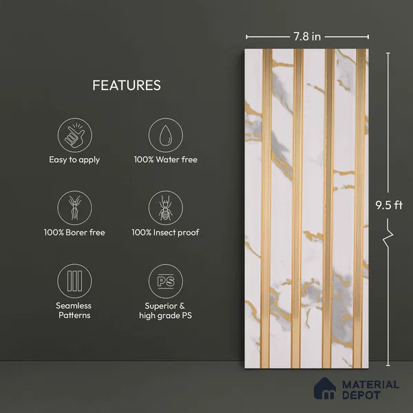 White Marble Look PN 05770 9.5 ft x 7.8 inch Charcoal Panel - 12 mm | Suitable for Feature Wall, TV Unit & Living Room | Width is Subjected to 5% Variation
