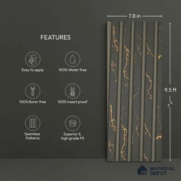 Green Marble Look PN 06159 9.5 ft x 7.8 inch Charcoal Panel - 12 mm | Suitable for Feature Wall, TV Unit & Living Room | Width is Subjected to 5% Variation
