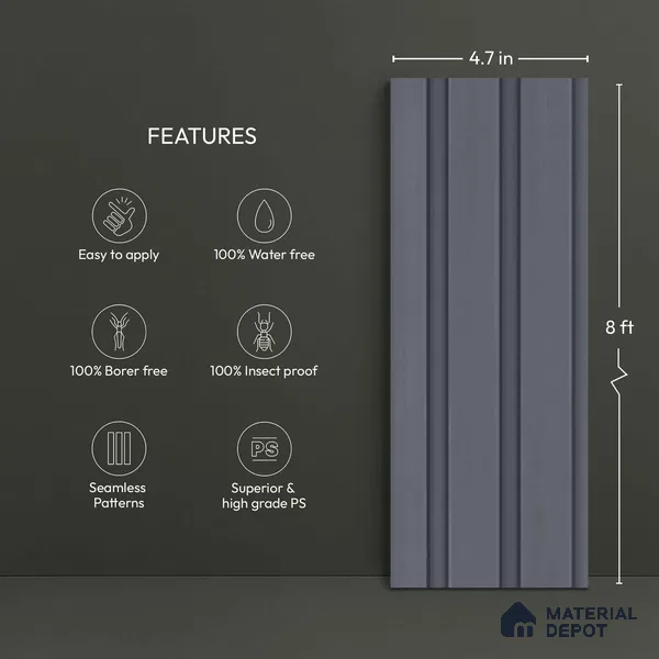 Grey Plain Colour Look PN 06230 9.5 ft x 4.7 inch Charcoal Panel - 12 mm | Suitable for Feature Wall, TV Unit & Living Room | Width is Subjected to 5% Variation