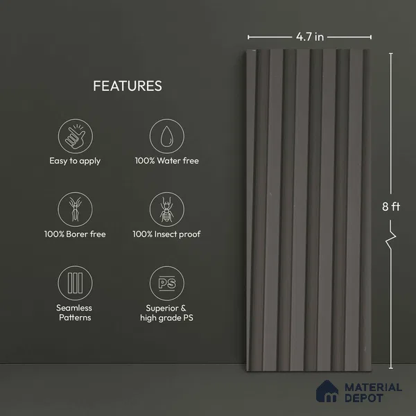 Grey Plain Colour Look PN 06235 9.5 ft x 4.7 inch Charcoal Panel - 12 mm | Suitable for Feature Wall, TV Unit & Living Room | Width is Subjected to 5% Variation