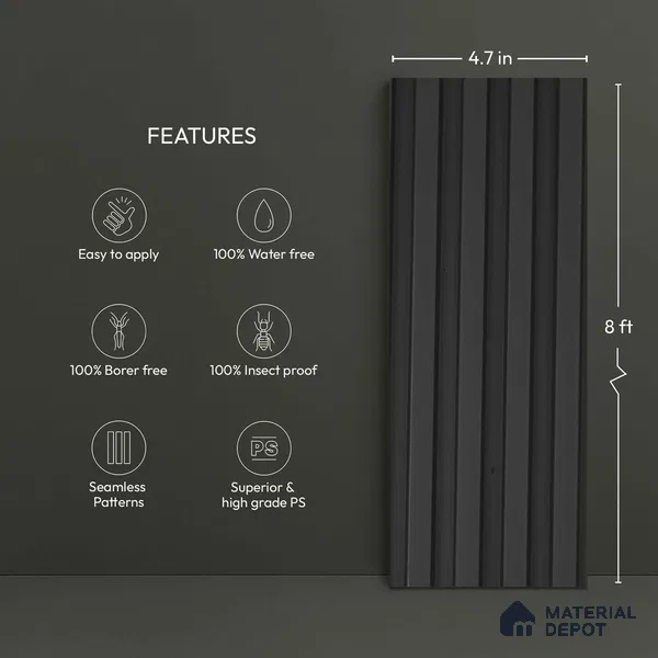Black Plain Colour Look PN 06239 9.5 ft x 4.7 inch Charcoal Panel - 12 mm | Suitable for Feature Wall, TV Unit & Living Room | Width is Subjected to 5% Variation