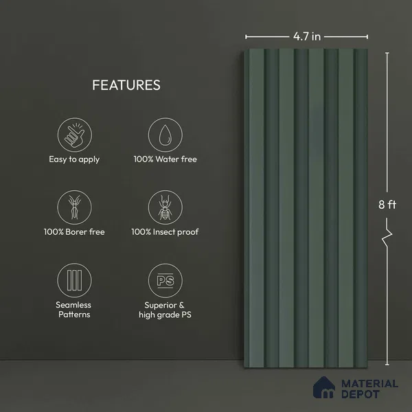Green Plain Colour Look PN 06244 9.5 ft x 4.7 inch Charcoal Panel - 12 mm | Suitable for Feature Wall, TV Unit & Living Room | Width is Subjected to 5% Variation
