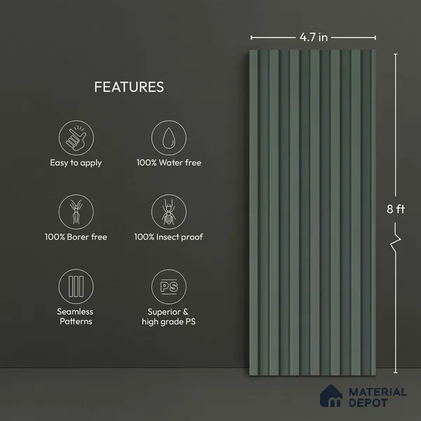 Green Plain Colour Louver PN 06447 9.5 ft x 4.7 inch Charcoal Panel - 12 mm | Suitable for Feature Wall, TV Unit & Living Room | Width is Subjected to 5% Variation