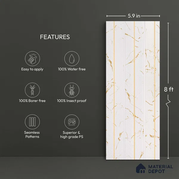 White Marble Look PN 02340 9.5 ft x 8 inch Charcoal Panel - 8 mm | Suitable for Feature Wall, TV Unit & Living Room | Width is Subjected to 5% Variation