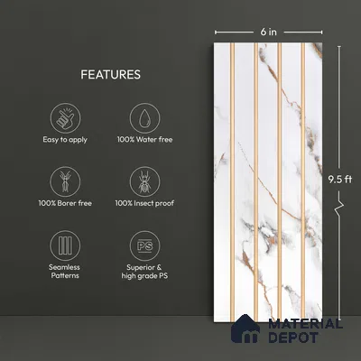 White Marble Look PN 03013 9.5 ft x 6 inch Charcoal Panel - 10 mm | Suitable for Feature Wall, TV Unit & Living Room | Width is Subjected to 5% Variation