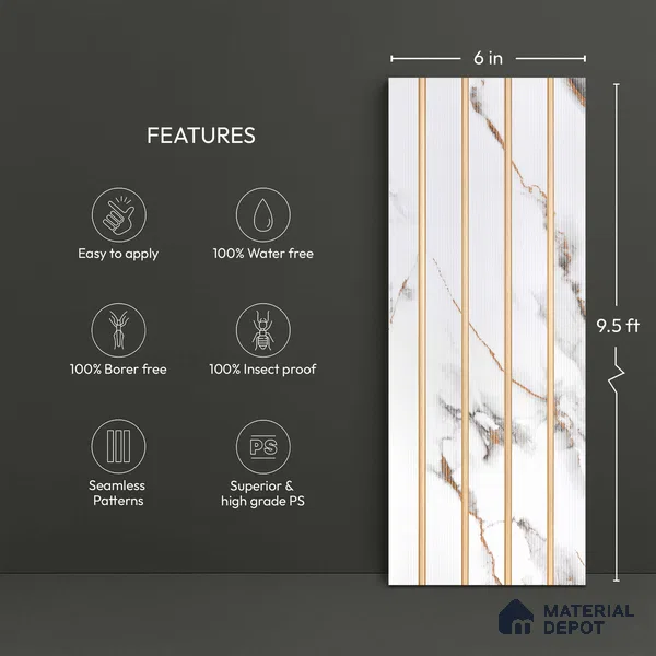 White Marble Look PN 03013 9.5 ft x 6 inch Charcoal Panel - 10 mm | Suitable for Feature Wall, TV Unit & Living Room | Width is Subjected to 5% Variation
