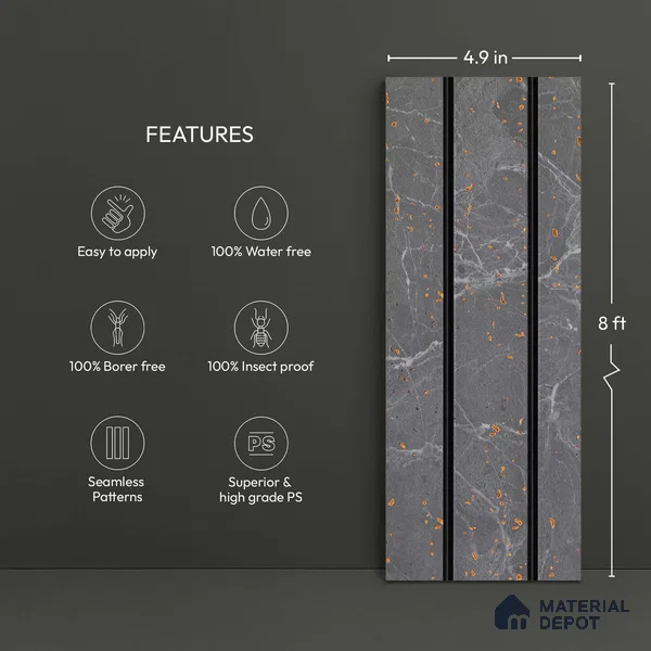 Grey Marble Look PN 03020 8 ft x 4.9 inch Charcoal Panel - 8 mm | Suitable for Feature Wall, TV Unit & Living Room | Width is Subjected to 5% Variation
