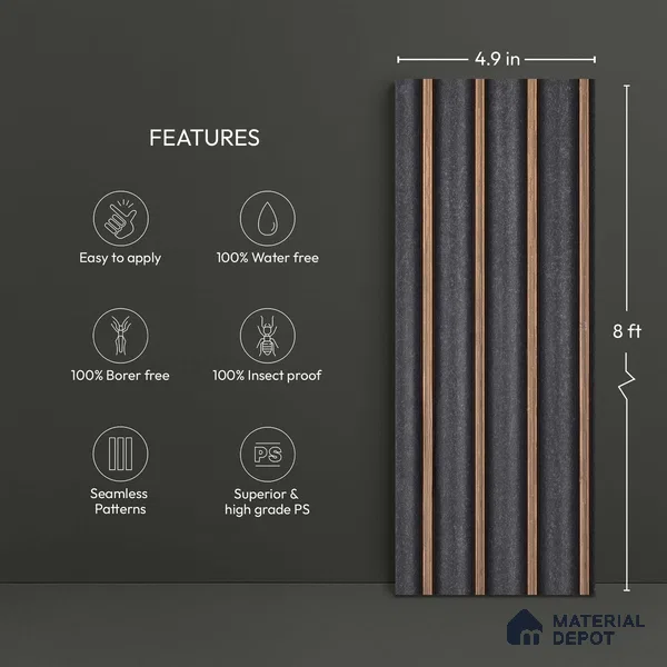 Wooden Look PN 03026 8 ft x 4.9 inch Charcoal Panel - 8 mm | Suitable for Feature Wall, TV Unit & Living Room | Width is Subjected to 5% Variation