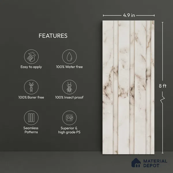 White Marble Look PN 03279 8 ft x 4.9 inch Charcoal Panel - 8 mm | Suitable for Feature Wall, TV Unit & Living Room | Width is Subjected to 5% Variation