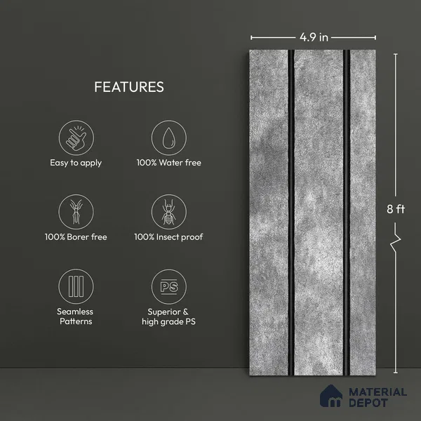 Grey Cement Look PN 03302 8 ft x 4.9 inch Charcoal Panel - 8 mm | Suitable for Feature Wall, TV Unit & Living Room | Width is Subjected to 5% Variation