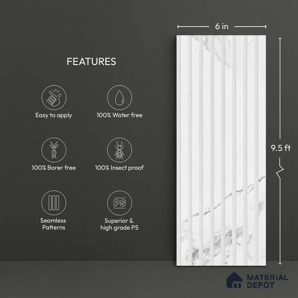 White Marble Look PN 03849 9.5 ft x 6 inch Charcoal Panel - 10 mm | Suitable for Feature Wall, TV Unit & Living Room | Width is Subjected to 5% Variation