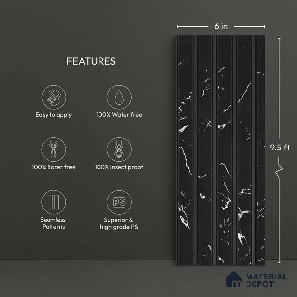 Black Marble Look PN 03869 9.5 ft x 6 inch Charcoal Panel - 10 mm | Suitable for Feature Wall, TV Unit & Living Room | Width is Subjected to 5% Variation