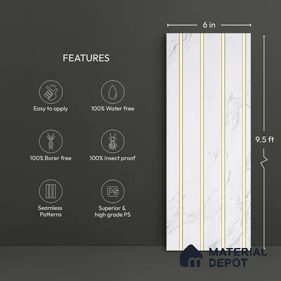 White Marble Look PN 03874 9.5 ft x 6 inch Charcoal Panel - 10 mm | Suitable for Feature Wall, TV Unit & Living Room | Width is Subjected to 5% Variation