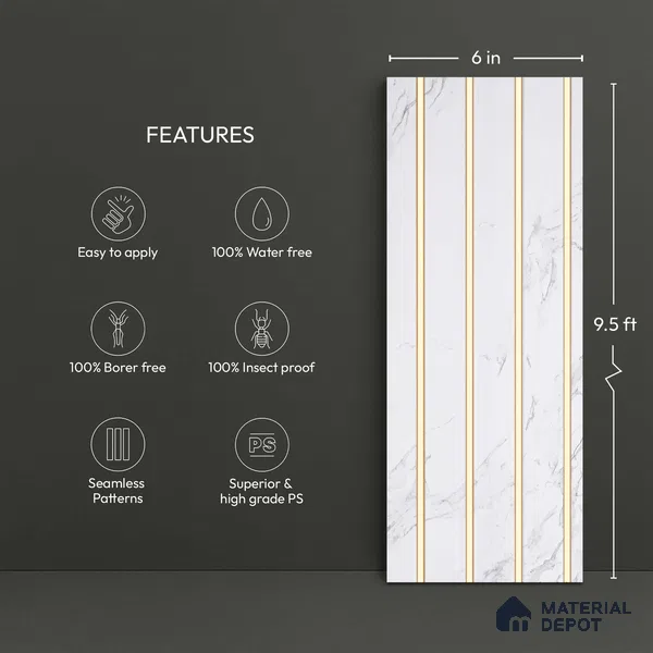 White Marble Look PN 03874 9.5 ft x 6 inch Charcoal Panel - 10 mm | Suitable for Feature Wall, TV Unit & Living Room | Width is Subjected to 5% Variation