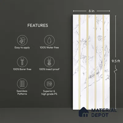 White Marble Look PN 03875 9.5 ft x 6 inch Charcoal Panel - 10 mm | Suitable for Feature Wall, TV Unit & Living Room | Width is Subjected to 5% Variation