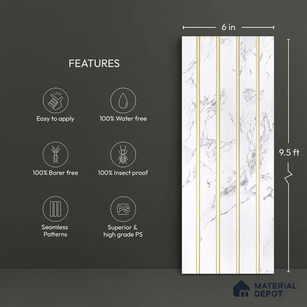 White Marble Look PN 03875 9.5 ft x 6 inch Charcoal Panel - 10 mm | Suitable for Feature Wall, TV Unit & Living Room | Width is Subjected to 5% Variation