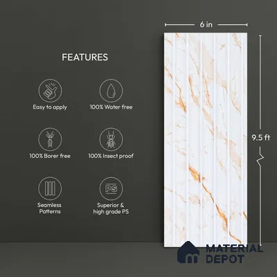 White Marble Look PN 03898 9.5 ft x 6 inch Charcoal Panel - 10 mm | Suitable for Feature Wall, TV Unit & Living Room | Width is Subjected to 5% Variation