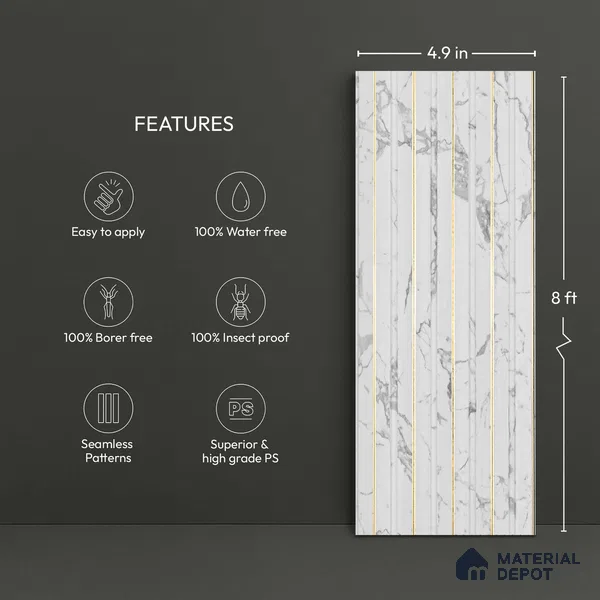 White Marble Look PN 06040 8 ft x 4.9 inch Charcoal Panel - 12 mm | Suitable for Feature Wall, TV Unit & Living Room | Width is Subjected to 5% Variation