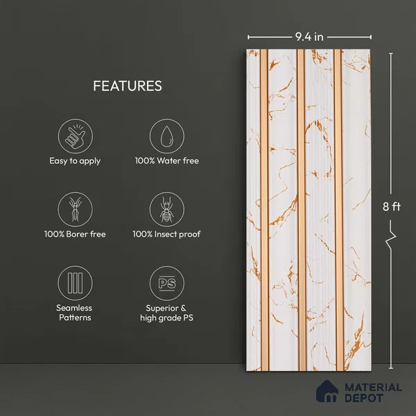 White Marble Look PN 06293 9.5 ft x 9.4 inch Charcoal Panel - 12 mm | Suitable for Feature Wall, TV Unit & Living Room | Width is Subjected to 5% Variation