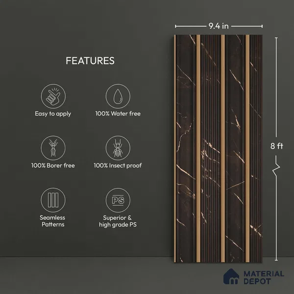 Black Marble Look PN 06297 8 ft x 9.4 inch Charcoal Panel - 12 mm | Suitable for Feature Wall, TV Unit & Living Room | Width is Subjected to 5% Variation