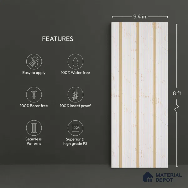 White Marble Look PN 06301 9.5 ft x 9.4 inch Charcoal Panel - 12 mm | Suitable for Feature Wall, TV Unit & Living Room | Width is Subjected to 5% Variation