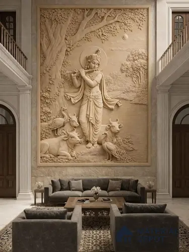 Vrindavan Leela Grand Krishna 3D Wall Mural Duco Paintable HDHMR Panel - 90 mm (Full Frame Size - 15 ft x 8 ft) (Full Frame Contains 4 sheets of 8 ft x 4 ft size)