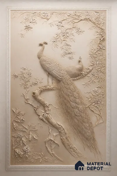 HR 00363 Elegant Peacock 3D Wall Relief Duco Paintable 6 ft x 18 ft HDHMR Panel - 50 mm