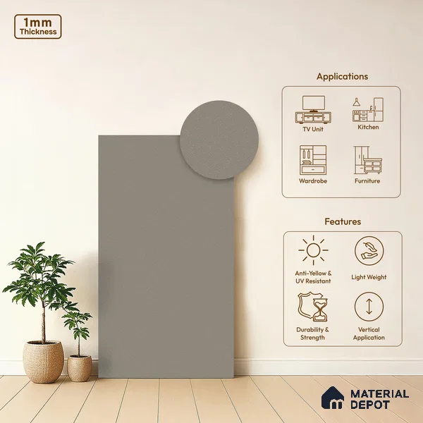 Chrome Grey Textured Solid Look P 5 911 8 ft x 4 ft Texture Finish Decorative Laminate - 1 mm | Suitable for TV Unit, Wardrobe, Kitchen Cabinets