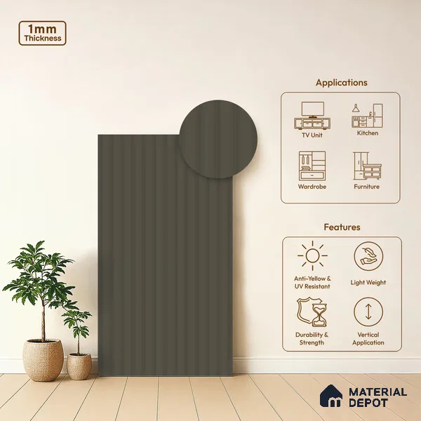 Slate Brown Fluted Solid Color Look WFT 907 8 ft x 4 ft Texture Finish Decorative Laminate - 1 mm | Suitable for TV Unit, Wardrobe, Kitchen Cabinets