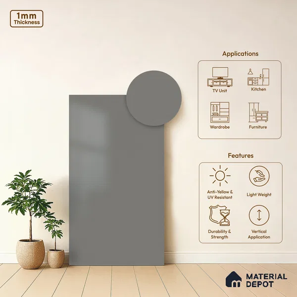 Light Grey Solid Colors Look WU 920 8 ft x 4 ft PU Finish Decorative Laminate - 1 mm | Suitable for Living Room, Kitchen, Office